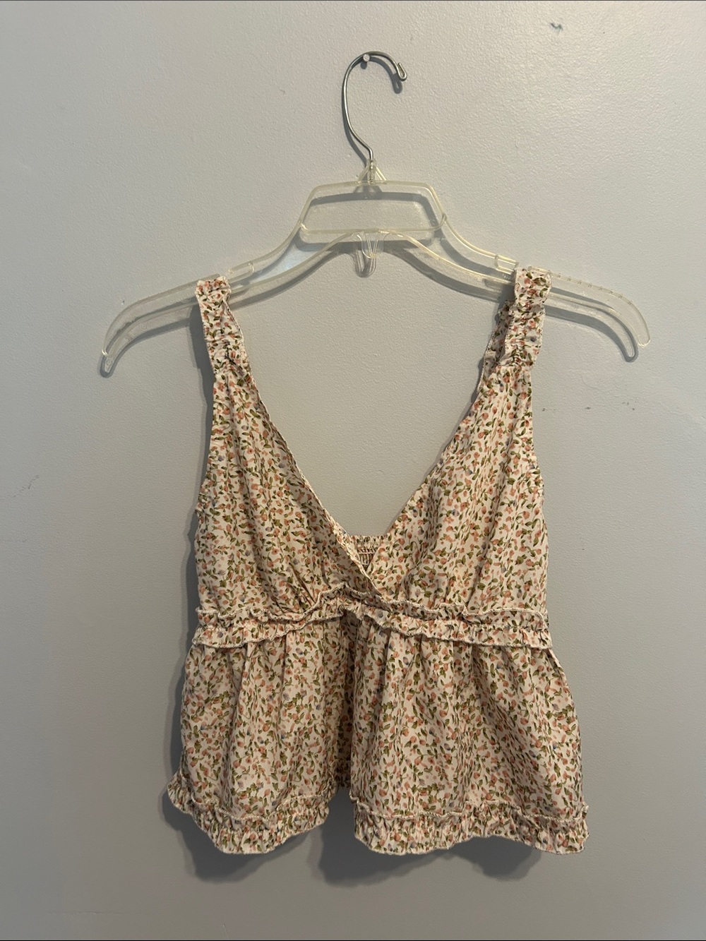Floral Peplum V-Neck Tank Top - Cream Pink